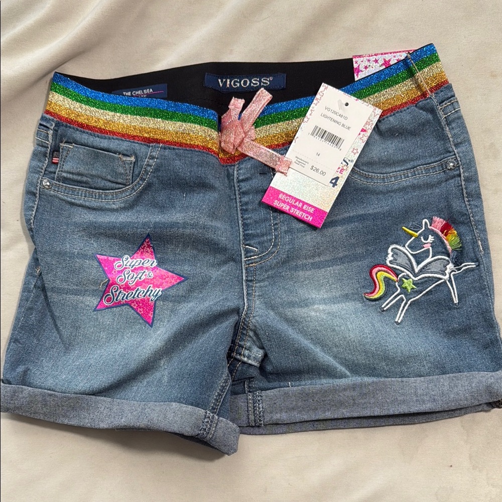 Vigoss Blue Jean Shorts with Rolled Hem and Decorative Embroidery